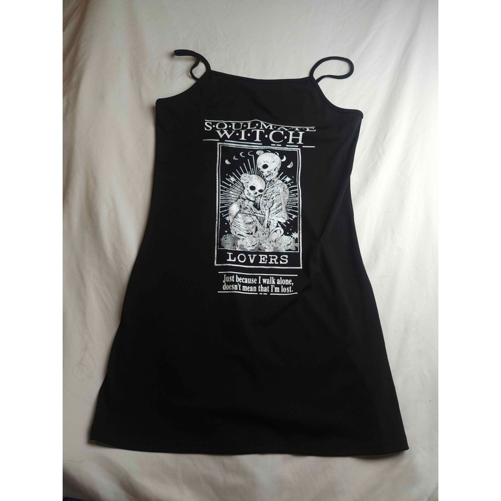 Romwe Cami Dress Womens Large Black Skeleton Graphic Goth Witch Grunge Emo Punk
